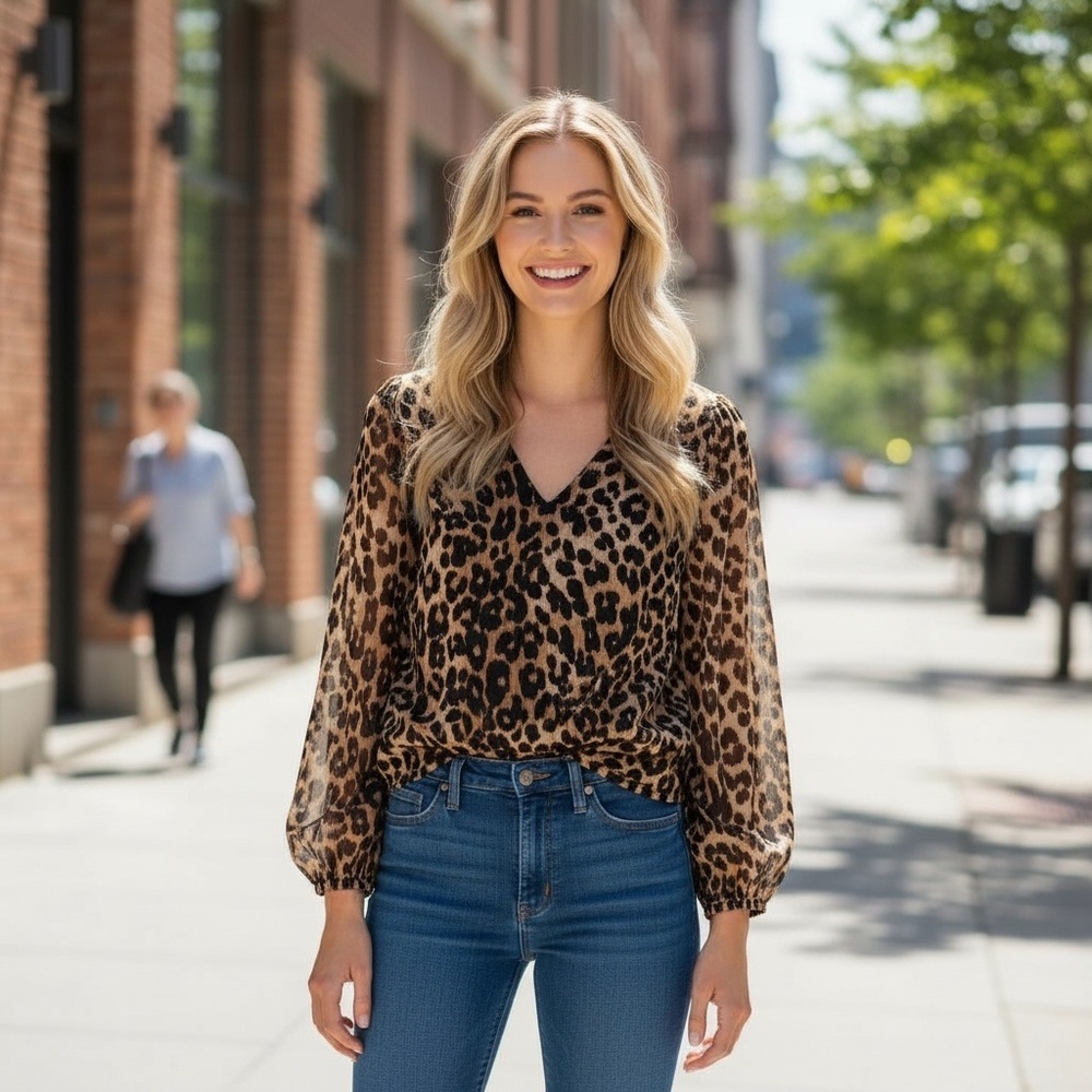 NWT Tahari leopard print long sleeve blouse animal print peplum flowy top tan - Picture 5 of 9